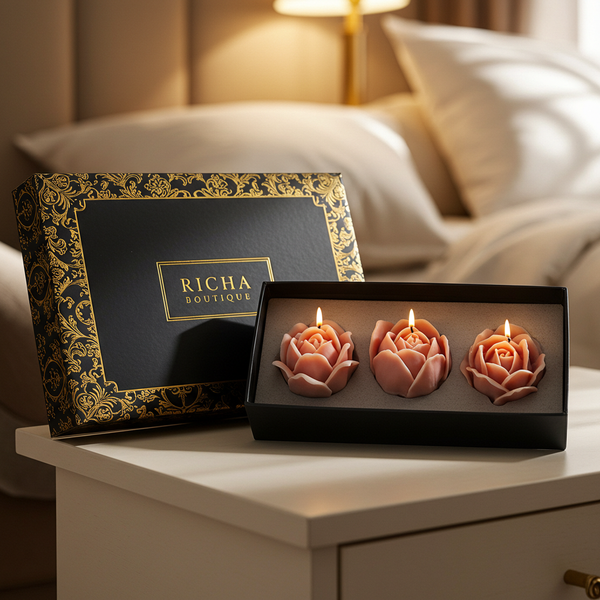 Set Regalo "Petali di Luce": 3 Candele a Fiore (Profumo a Scelta)
